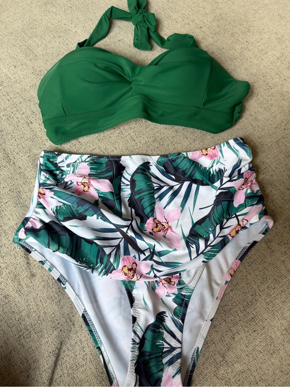 Green Halter Bikini Top with High-Waist Tropical Print Bottoms